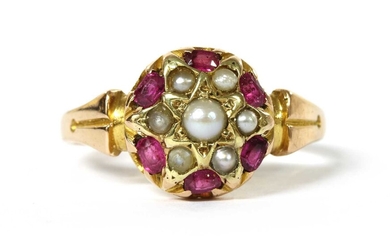A Victorian 15ct gold split pearl and ruby cluster ring