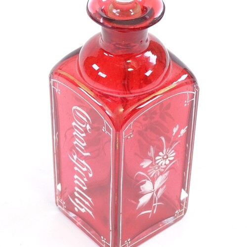 A Victorian cranberry glass square-section spirit decanter, ...
