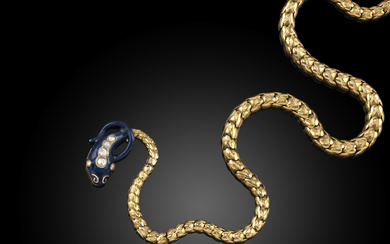 A Victorian enamel and diamond snake necklace