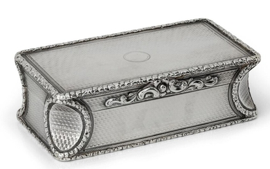 A Victorian silver snuff box, London, 1838, Elizabeth Eaton, of rectangular engine turned design with shaped corners and scroll thumbpiece, 4.8 x 9 x 2.9cm, approx. weight 6oz