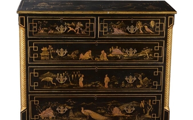 A black and gilt chinoiserie painted chest of drawers