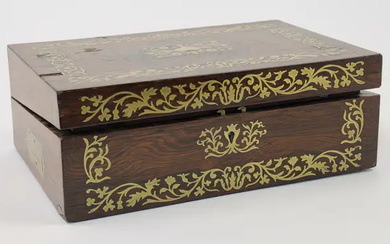 A brass-mounted mahogany writing slope, 19th century, the exterior with brass handles,...