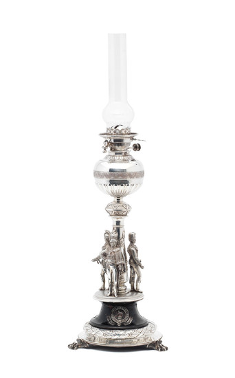 A cased silver-plated Regimental column lamp