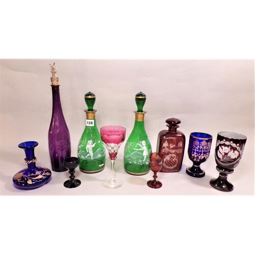 A collection of 19th century coloured glass including an ame...