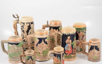 A collection of German pottery tankards