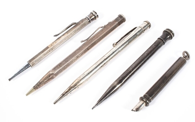 A collection of five silver propelling pens and pencils