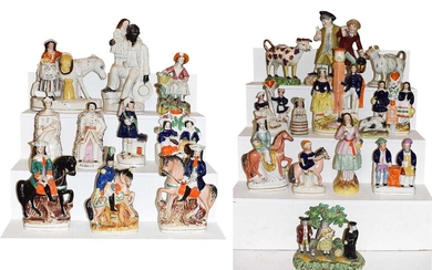 A collection of mainly Victorian Staffordshire pottery figures including...