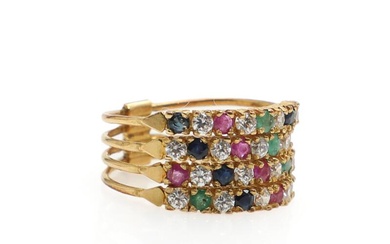 A diamond-sapphire-ruby and emerald ring set with numerous brilliant-cut diamonds, faceted sapphires,...