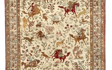 A full silk Qum carpet, Persia. Classical hunting scenery. Mid-20th century. 325×206 cm.