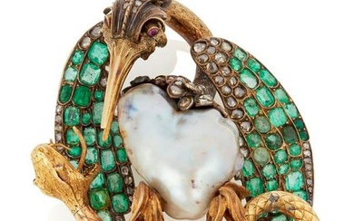 A gem-set bird and serpent brooch