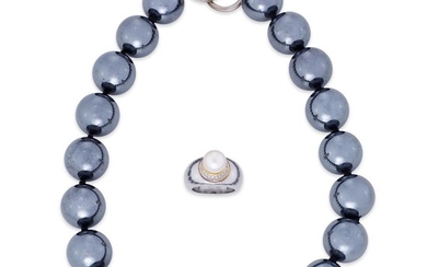 A hematite bead necklace and cultured pearl and diamond...