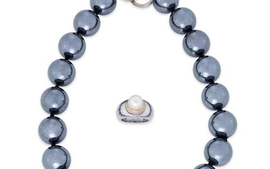 A hematite bead necklace and cultured pearl and diamond