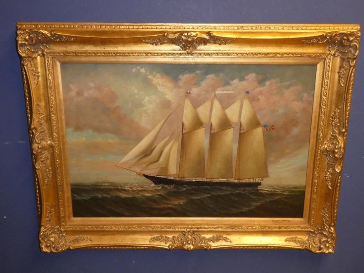 A large C19th Oil on canvas 'Seascape' in gilt frame, signed...