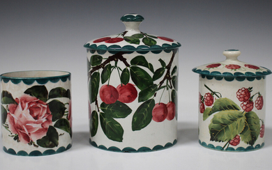 A large Wemyss preserve jar and cover, circa 1900, painted with cherries, impressed mark to base wit