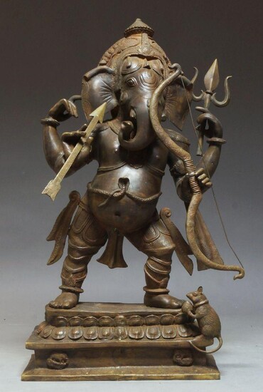A large bronze Ganesha, 20th century, modelled holding a bow and arrow, both detachable, the headpiece adorned with peacocks, on a stepped base plinth with additional mouse detail, 126cm high