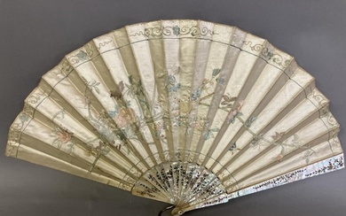 A large fan, the monture of pink mother of pearl, gilded, th...