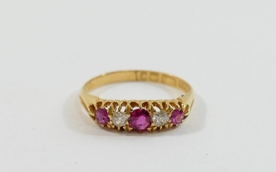 A late Victorian 18 carat gold ruby and diamond five stone r...