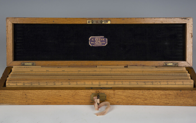 A late Victorian oak cased set of boxwood technical drawing rules by E. Saunders of Oxford, width of