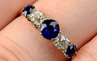 A late Victorian platinum and 18ct gold, graduated sapphire and diamond five-stone ring.