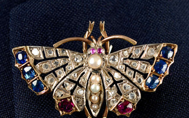 A late Victorian silver and gold, sapphire, ruby, split pearl and rose-cut diamond butterfly jewellery component.