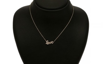 A “love” necklace set with numerous brilliant-cut diamonds totalling app. 0.22 ct., mounted in 18k gold. L. 40.5 cm.