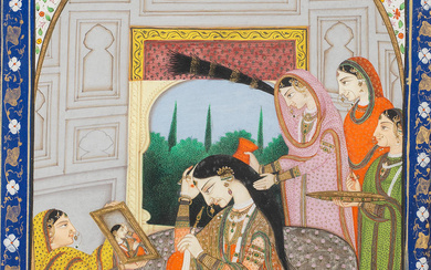 A maiden at her toilette with four attendants Pahari, circa...