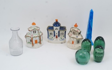 A mixed group of ceramic and glass wares, 19th century and later, to include: four Victorian green glass dumps, each designed with flowering plant inclusions, the tallest 12.7cm high; an Anglo-Irish clear cut glass decanter with graduated rings to...