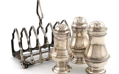 A mixed lot of silver items, comprising: a George II bun pepper pot, baluster form, by Samuel Woods, London 1754, plus two modern bun pepper pots and a seven bar toast rack, approx. weight 10.5oz. (4)