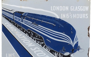 A modern reproduction enamel advertising sign for the London Midland and Scottish Railway 'Coronation Scot' express passenger train, reading CORONATION SCOT: LONDON GLASGOW IN 6 1/2 HOURS, designed in blue, silver and white colour ways in imitation...
