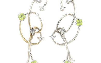 A pair of 18ct gold diamond and peridot earrings.