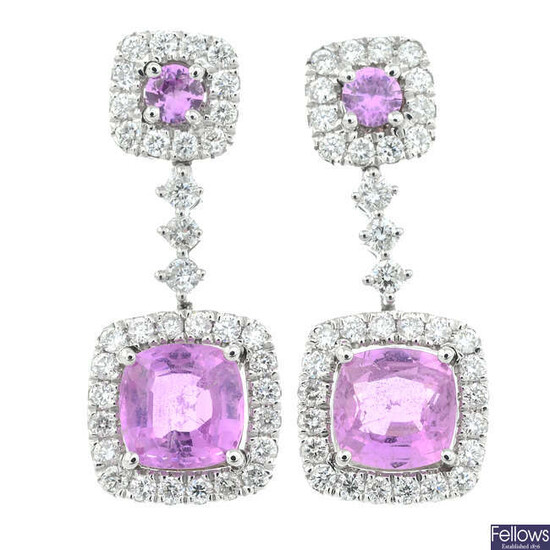 A pair of 18ct gold pink sapphire and diamond cluster earrings, with detachable drop sections.