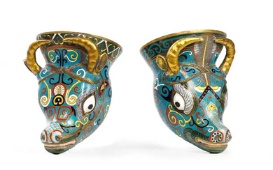 A pair of Chinese cloisonné-enamel 'ox-head' libation cups, rhyton First half of...