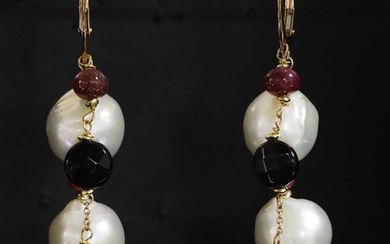A pair of Continental gold cultured pearl and ruby tassel drop earrings