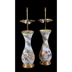 A pair of French opaque-white glass and enamelled pear-shaped vases with gilt-wood mounts