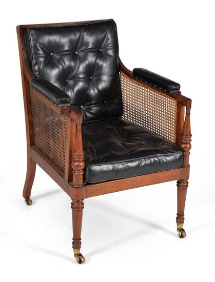 A pair of Regency mahogany bergere library armchairs, attributed to Gillows, circa 1815-20