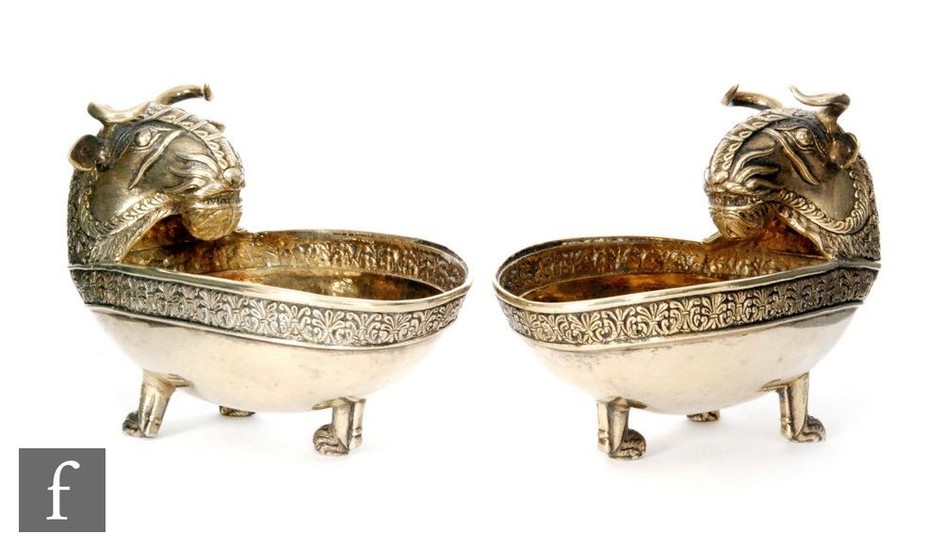 A pair of Scottish silver gilt open oval salts each terminat...