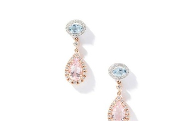 A pair of diamond, aquamarine and morganite pendent earrings