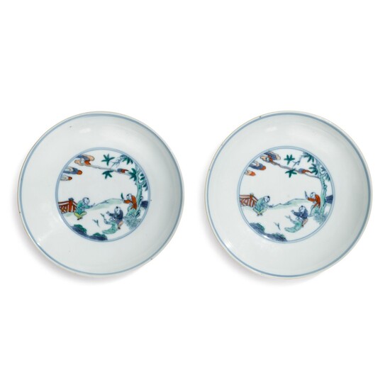 A pair of doucai 'boys' dishes, Qing dynasty, 18th century