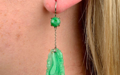 A pair of early 20th century 18ct gold carved A-type jade drop earrings.