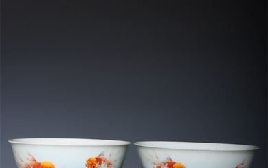 A pair of exquisite enamel fish patterns bowls with poems