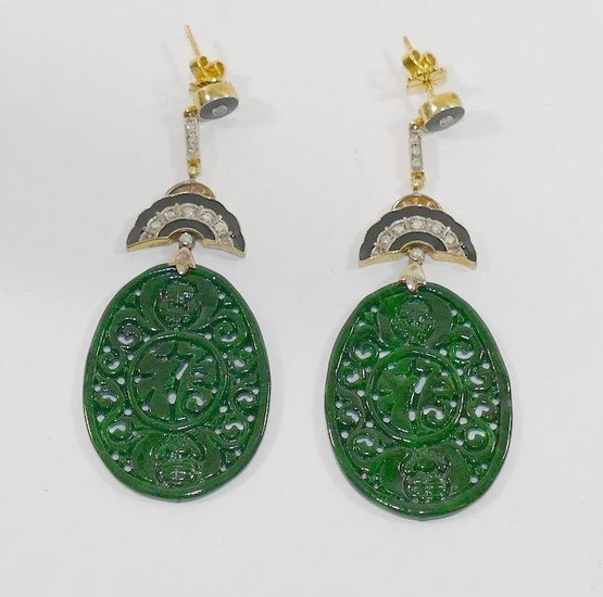 A pair of jadeite, diamond and black enamel drop earrings, t...