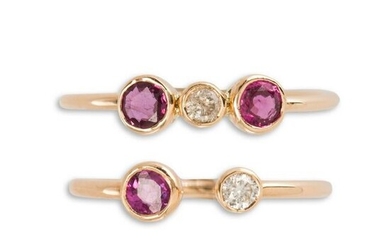 A pair of ruby, diamond and rose gold stacking rings