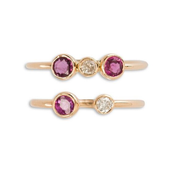 A pair of ruby, diamond and rose gold stacking rings