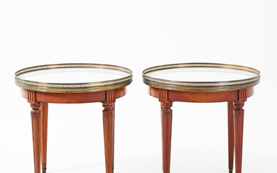A pair of side tables, second half of the 20th century, Louis XVI style, stained hardwood, marble top with brass mouldings.