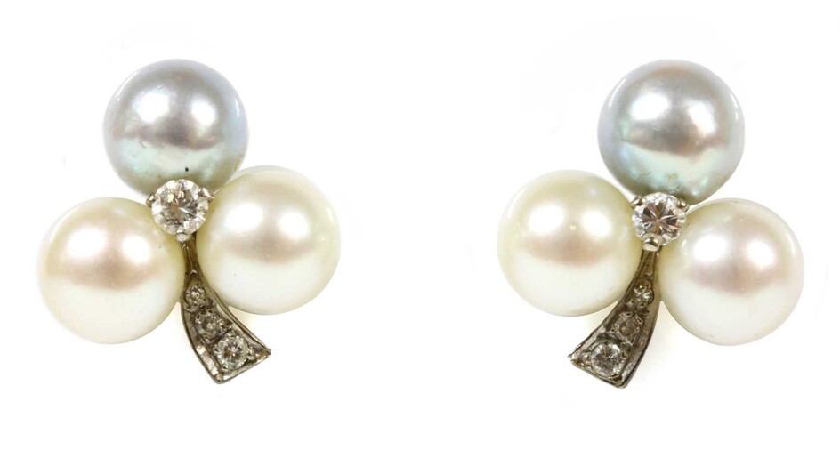 A pair of white gold cultured pearl and diamond earrings