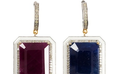 A pair sapphire, ruby, enamel, diamond and silver earrings