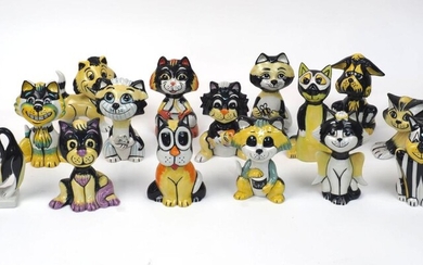 A quantity of Lorna Bailey pottery cats, 20th century and later, to include various designs of black and yellow colour way, artist signature to bases, three with signatures in silver, tallest 15.5cm high (15)
