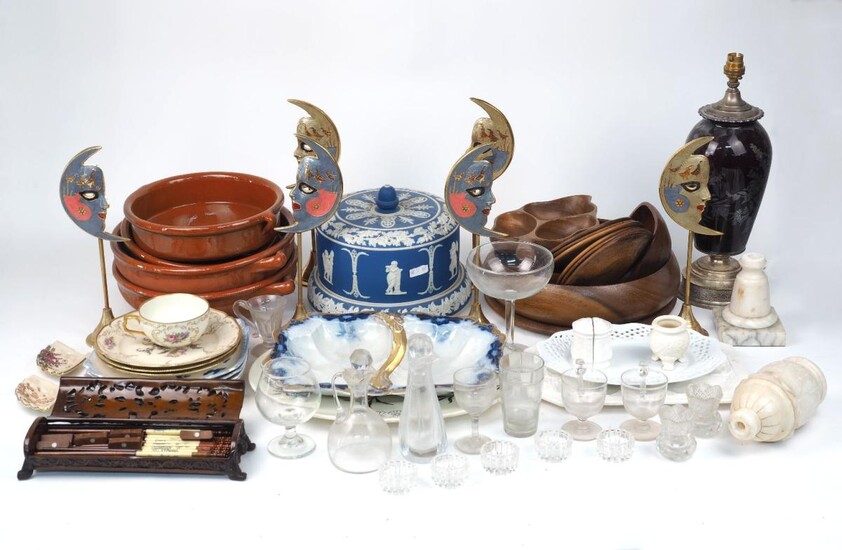 A quantity of kitchenware, 20th century, to include: a Jasperware cheese cover and stand, 25cm diameter; five blue and white plates with carp; three Rosenthal 'Ivory' pattern plates and a cup; four terracotta baking dishes; six brass and enamel...