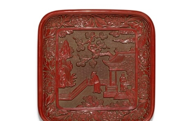 A rare and finely carved cinnabar lacquer ‘figural’ tray, Ming dynasty, 15th century | 明十五世紀 剔紅觀瀑圖委角方盤, A rare and finely carved cinnabar lacquer ‘figural’ tray, Ming dynasty, 15th century | 明十五世紀 剔紅觀瀑圖委角方盤