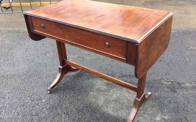 A regency style mahogany sofa table, the rectangular ribbed edge...
